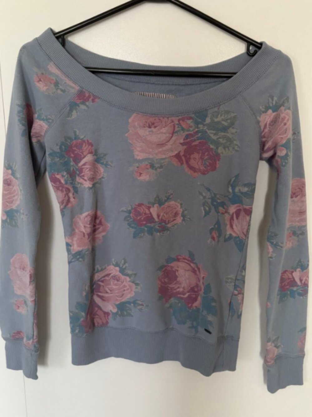 Dusty Blue Wide-Neck French-Terry Sweatshirt With Dusty Pink Rose Designs from G